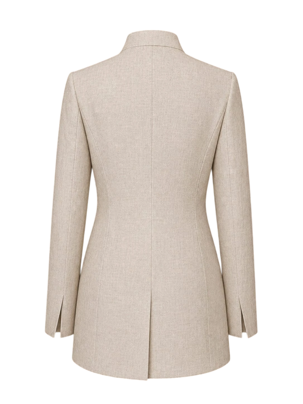 Back view of Mkeyzee London sand-coloured organic linen blazer with architectural seam lines and structured silhouette.