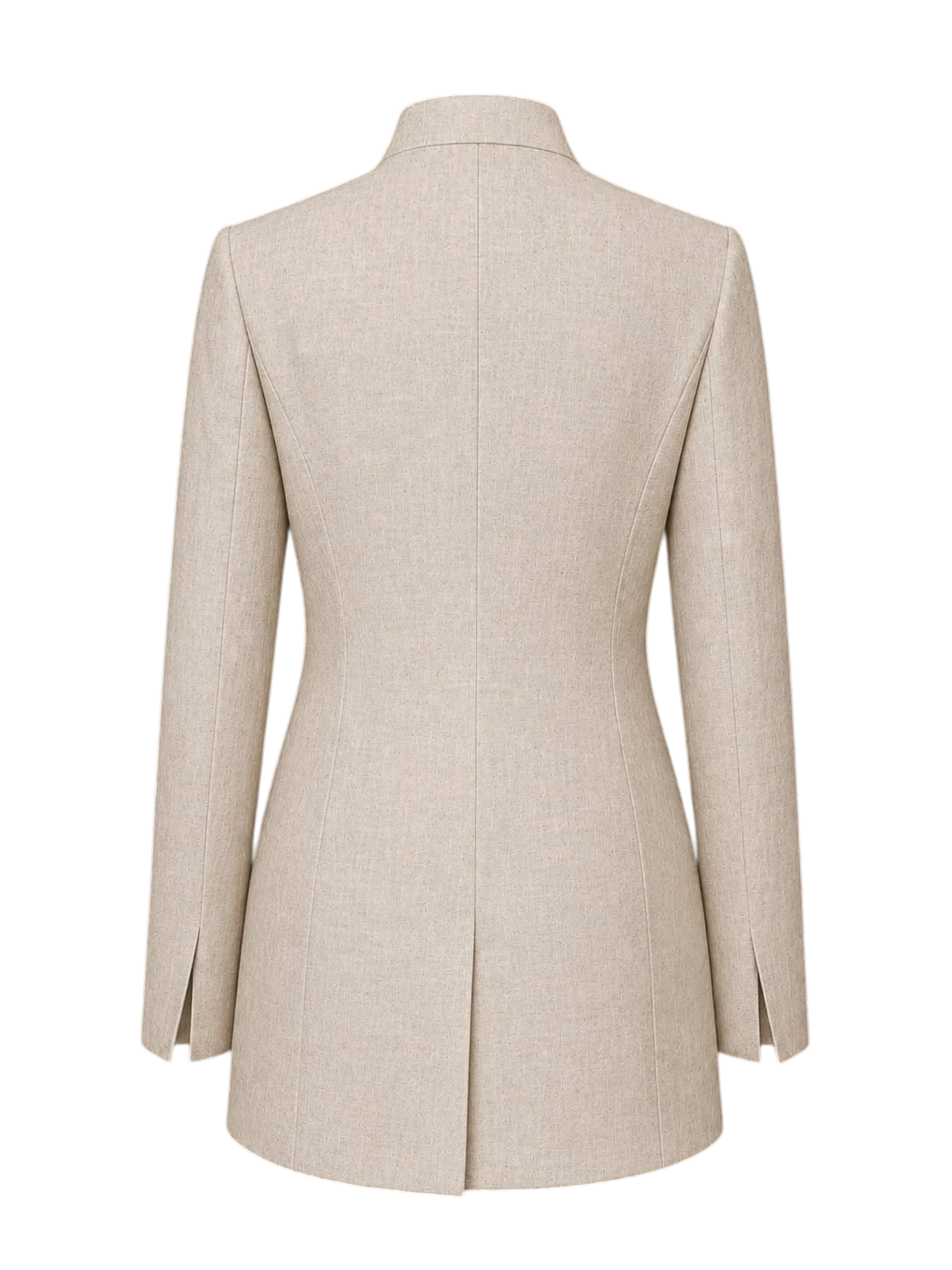 Back view of Mkeyzee London sand-coloured organic linen blazer with architectural seam lines and structured silhouette.