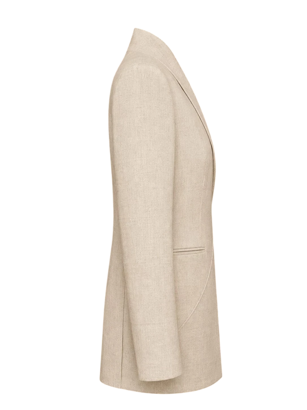Mkeyzee London sand organic linen blazer with architectural seam lines, high neckline, and structured silhouette.