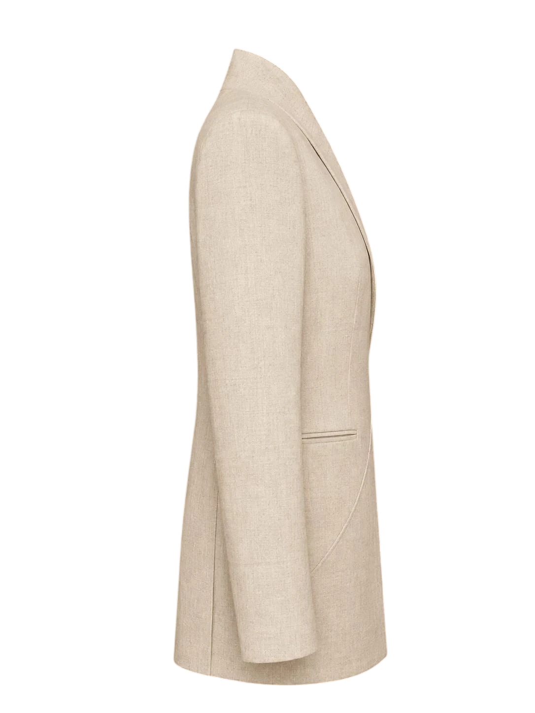 Mkeyzee London sand organic linen blazer with architectural seam lines, high neckline, and structured silhouette.