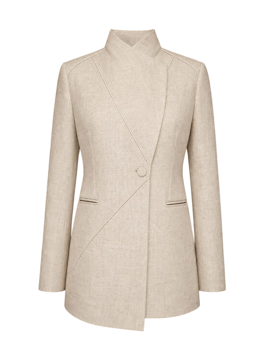 Mkeyzee London sand organic linen blazer with high neckline, asymmetric single-button closure, and architectural seams.