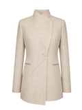 Mkeyzee London sand organic linen blazer with high neckline, asymmetric single-button closure, and architectural seams.