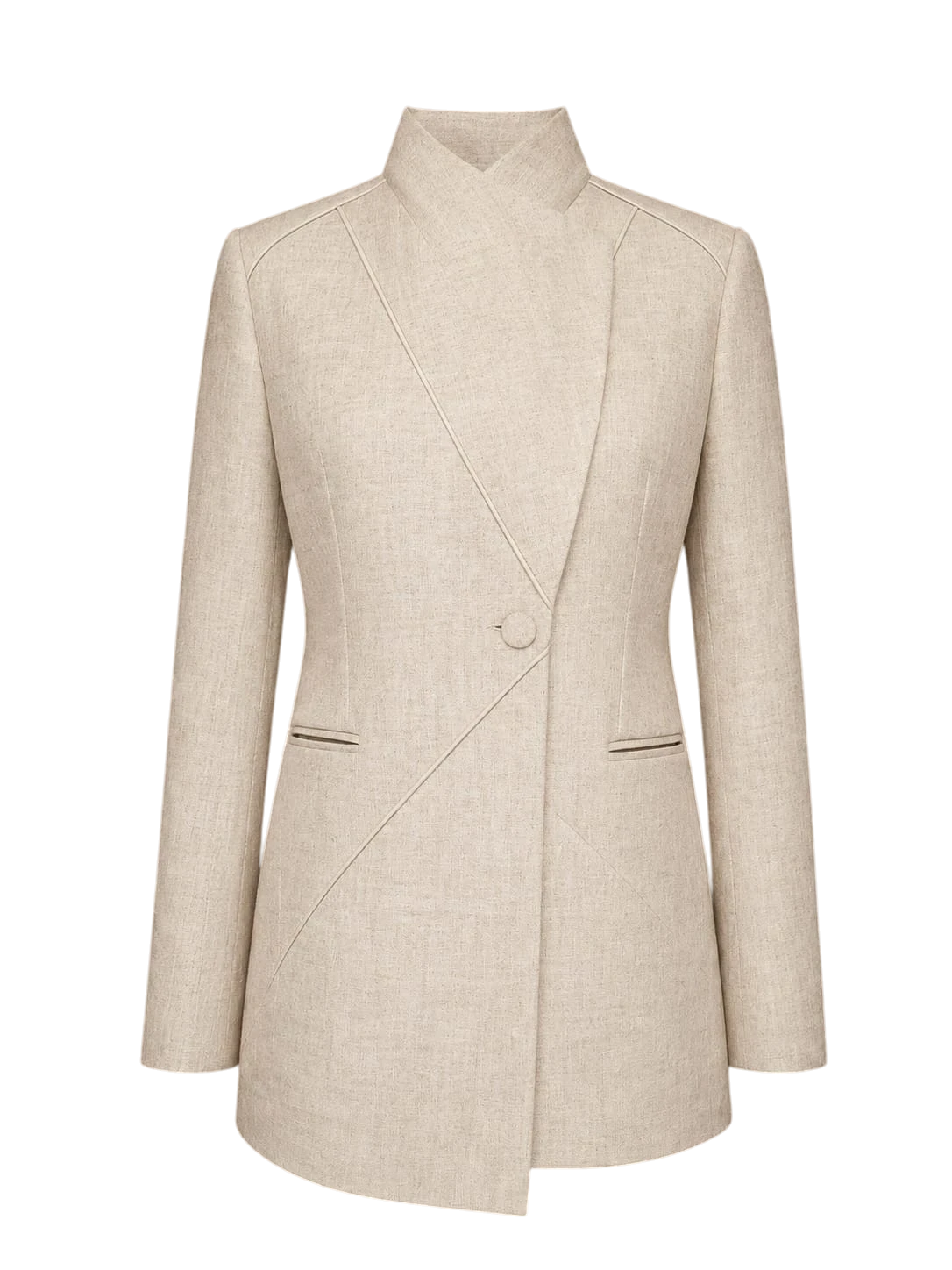 Mkeyzee London sand organic linen blazer with high neckline, asymmetric single-button closure, and architectural seams.