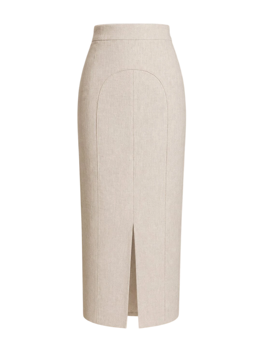 Mkeyzee London sand linen midi skirt with high waist and signature curved front seam detail.