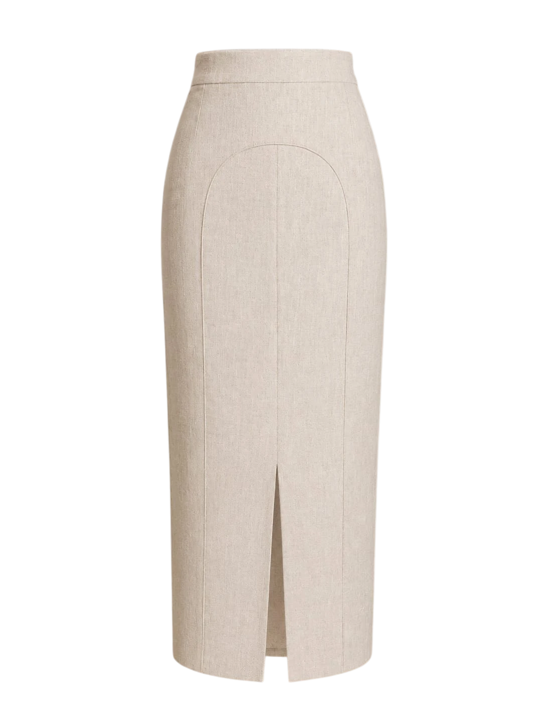 Mkeyzee London sand linen midi skirt with high waist and signature curved front seam detail.