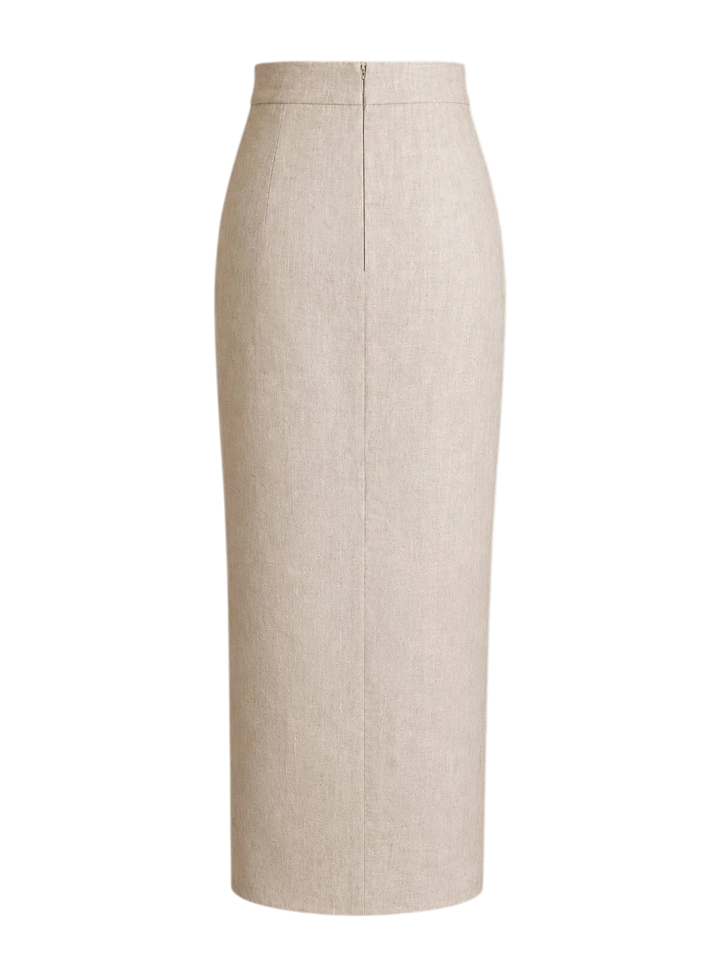 Mkeyzee London sand linen midi skirt with a high waist, structured silhouette, and concealed back zip fastening.