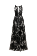 Mkeyzee London Selene silk maxi dress in black and white moon print with a draped bodice and gathered flared skirt.