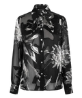 Mkeyzee London Selene silk shirt in black and white floral print with asymmetrical collar and shell buttons