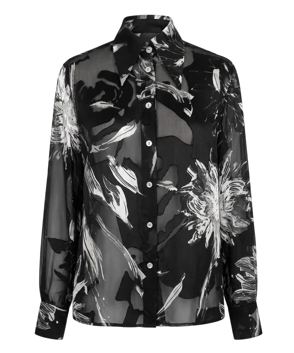 Mkeyzee London Selene silk shirt in black and white floral print with asymmetrical collar and shell buttons