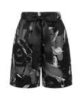 Mkeyzee London Selene silk shorts in black and white floral print with an elastic waistband and satin ribbon tie.