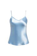 Mkeyzee London Seraphel cami top in luminous light blue silk satin with a V-neckline and delicate spaghetti straps.