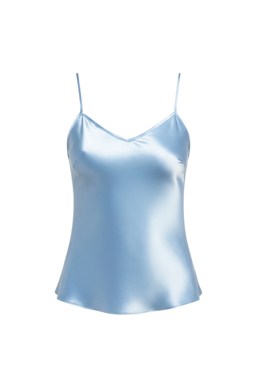 Mkeyzee London Seraphel cami top in luminous light blue silk satin with a V-neckline and delicate spaghetti straps.
