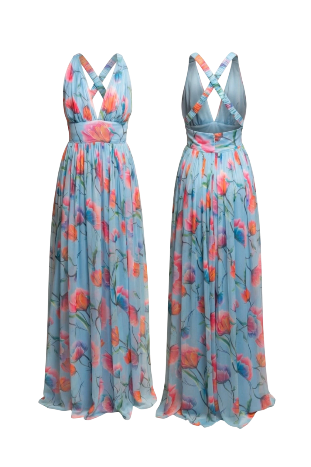 Mkeyzee London Seraphel maxi dress in silk chiffon with a pastel coral, fuchsia, and blue floral watercolour print.