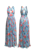 Mkeyzee London Seraphel maxi dress in silk chiffon with a pastel coral, fuchsia, and blue floral watercolour print.