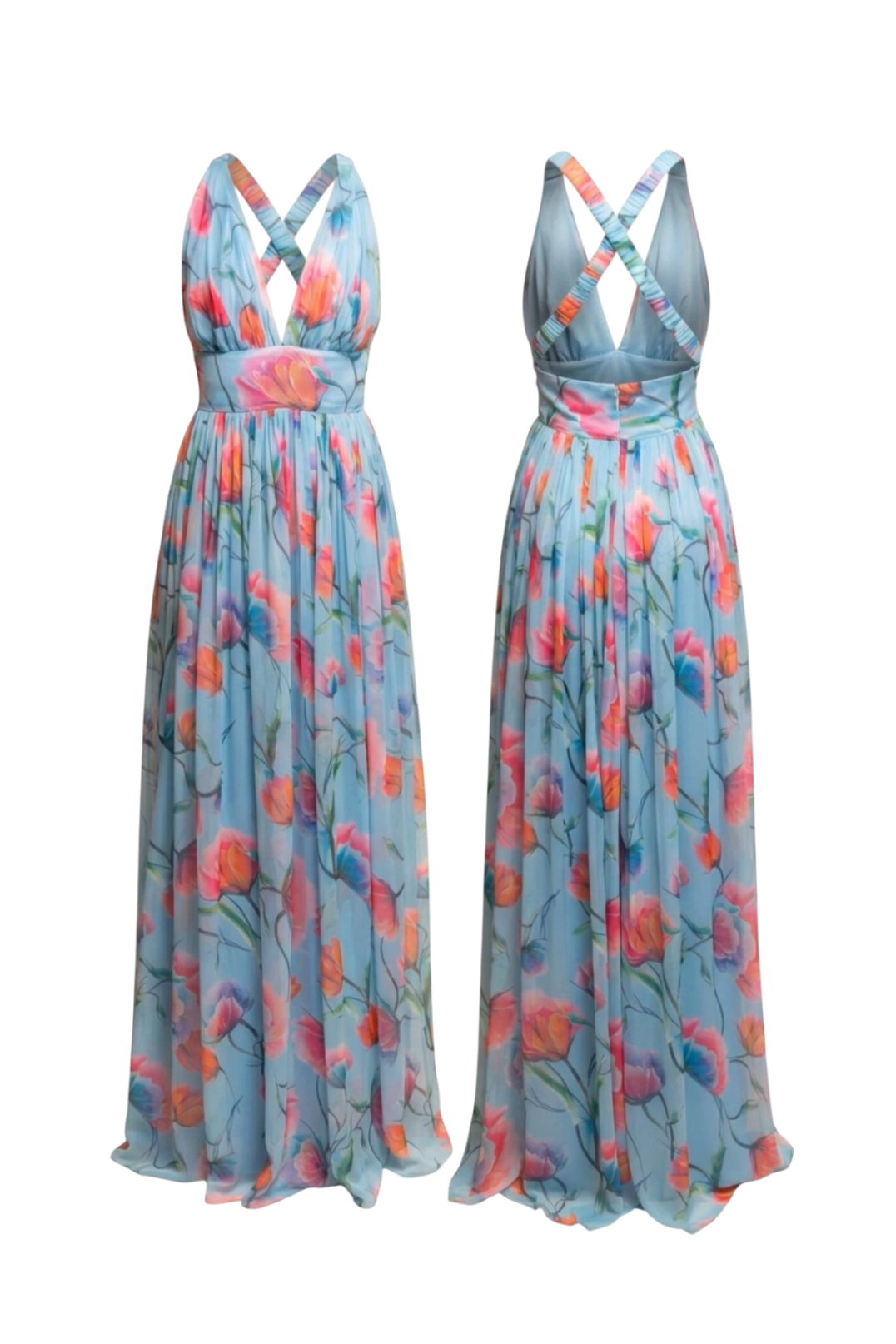 Mkeyzee London Seraphel maxi dress in silk chiffon with a pastel coral, fuchsia, and blue floral watercolour print.