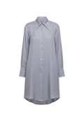 Mkeyzee London IZALIE sky mist blue 100% cotton shirt dress with an asymmetrical collar and shell button front.