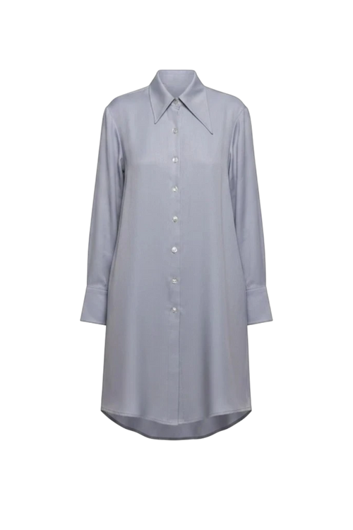 Mkeyzee London IZALIE sky mist blue 100% cotton shirt dress with an asymmetrical collar and shell button front.