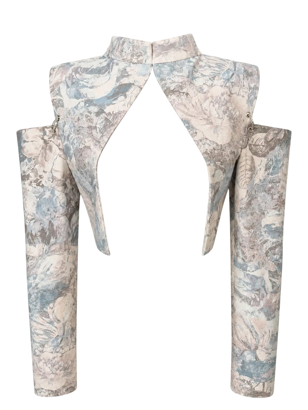 Mkeyzee London Thea cropped jacket in floral printed cotton with structured shoulders and detachable sleeves.
