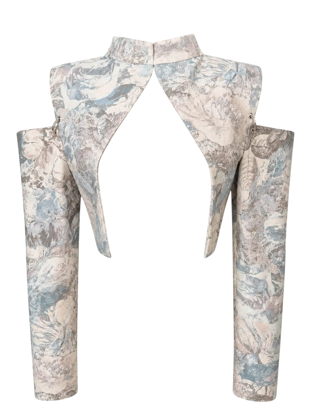 Mkeyzee London Thea cropped jacket in floral printed cotton with structured shoulders and detachable sleeves.
