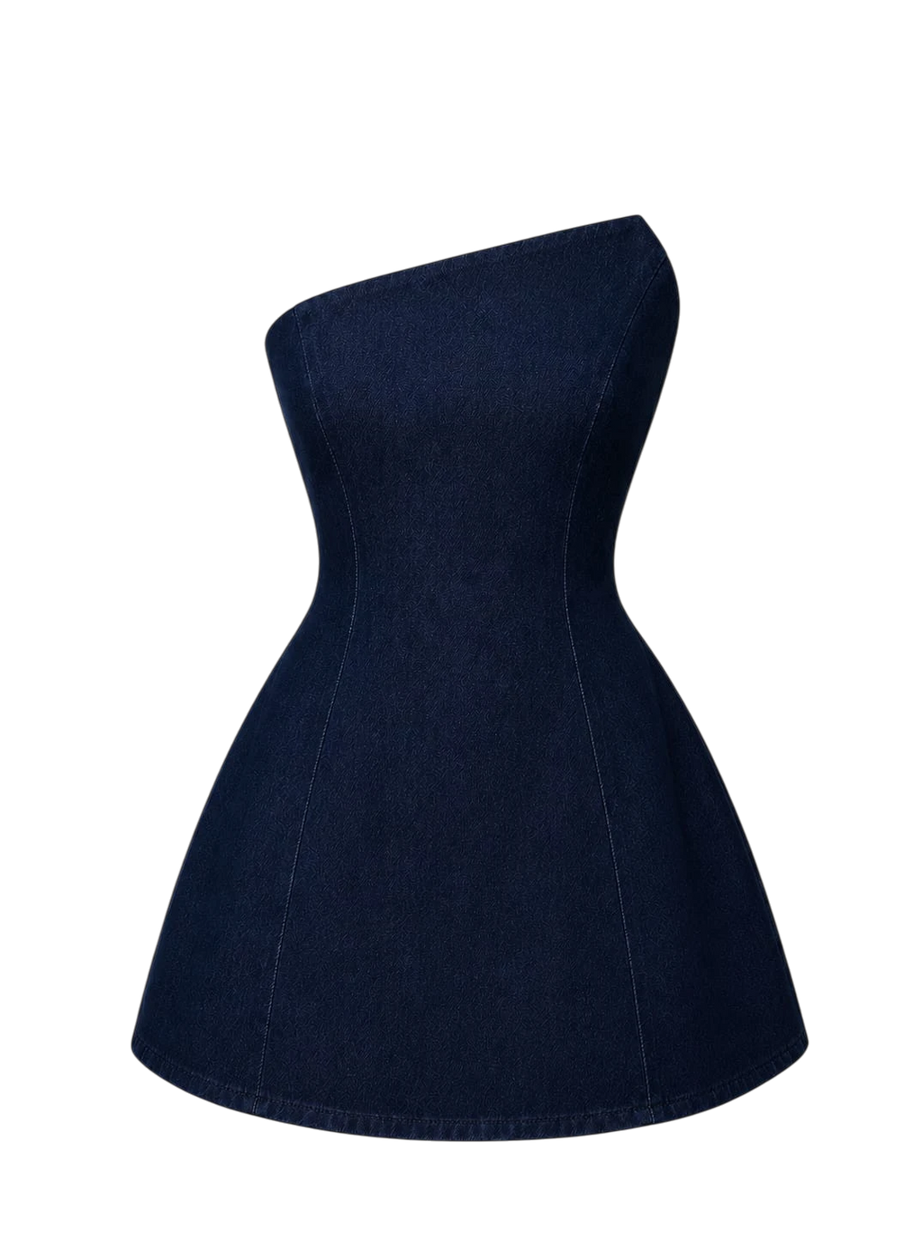 Mkeyzee London Thea dark indigo denim mini dress with an asymmetric strapless neckline and sculptural corset bodice.