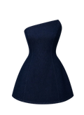 Mkeyzee London Thea dark indigo denim mini dress with an asymmetric strapless neckline and sculptural corset bodice.