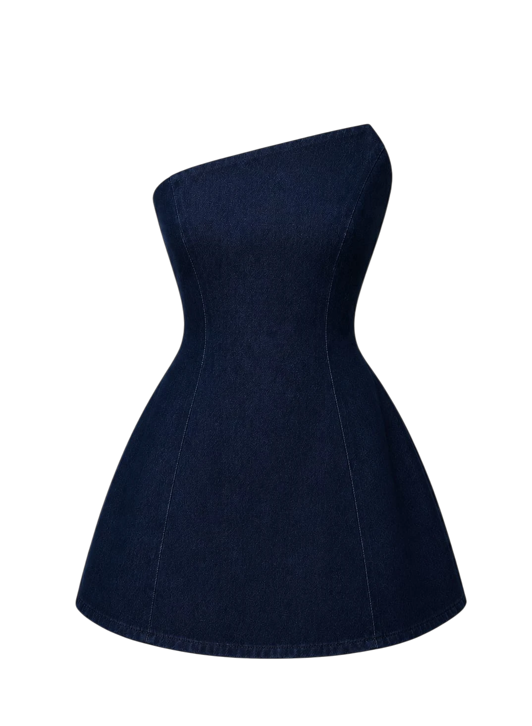 Mkeyzee London Thea dark indigo denim mini dress with an asymmetric strapless neckline and sculptural corset bodice.