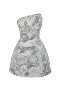 Mkeyzee London Thea mini dress in Bloom floral print with an asymmetrical neckline and structured corset bodice.