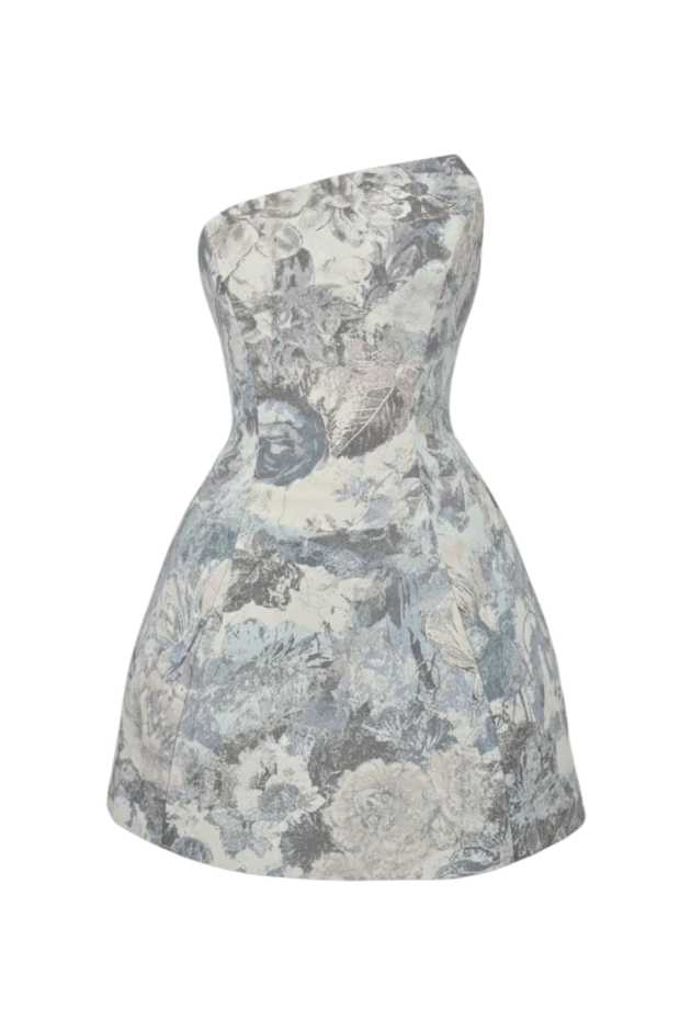 Mkeyzee London Thea mini dress in Bloom floral print with an asymmetrical neckline and structured corset bodice.