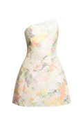 Mkeyzee London Thea mini dress in Bloom floral print with an asymmetrical neckline and structured corset bodice.