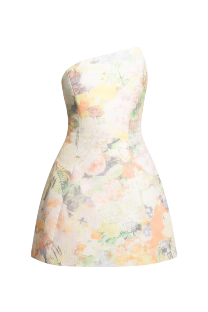 Mkeyzee London Thea mini dress in Bloom floral print with an asymmetrical neckline and structured corset bodice.