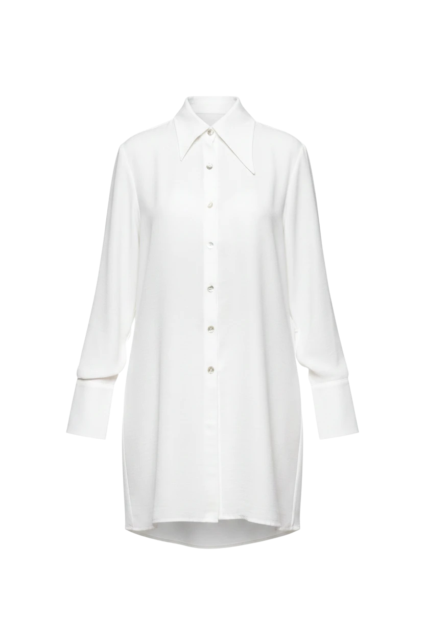 Mkeyzee London IZALIE white cotton shirt dress featuring an asymmetrical collar and front shell buttons.