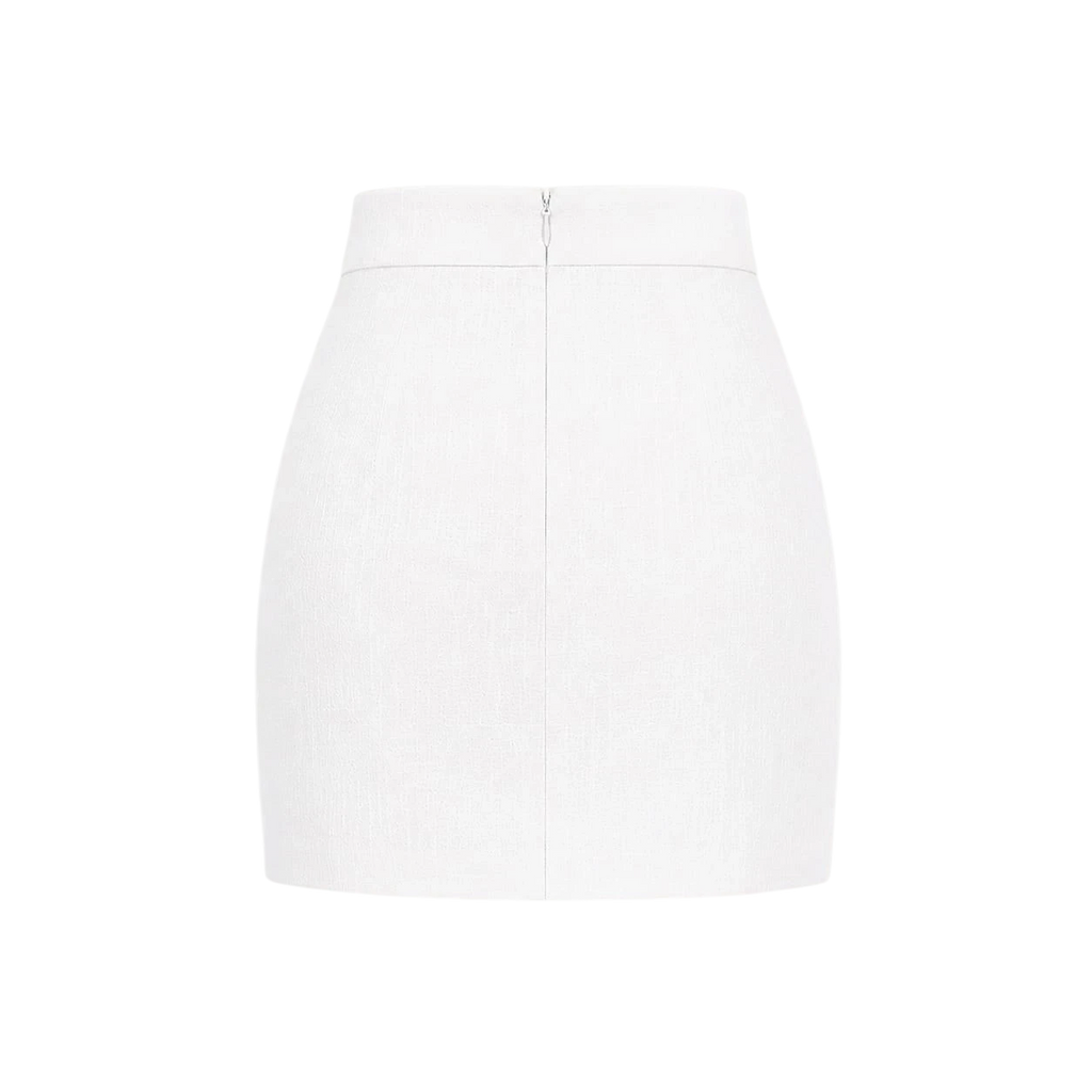 Back view of Mkeyzee London white high-waisted linen mini skirt with a clean center-back seam and concealed zip.