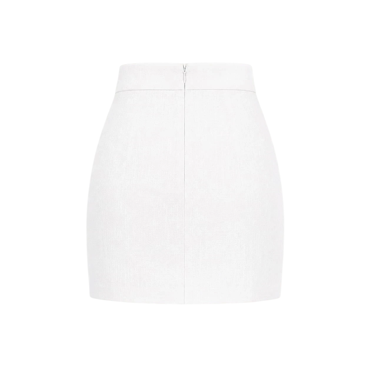Back view of Mkeyzee London white high-waisted linen mini skirt with a clean center-back seam and concealed zip.