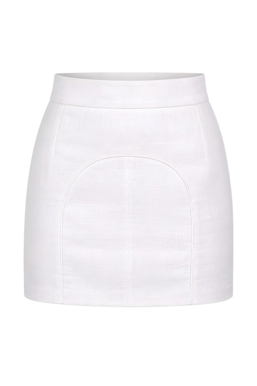 Mkeyzee London white high-waisted linen mini skirt with a structured silhouette and signature curved front seam piping.
