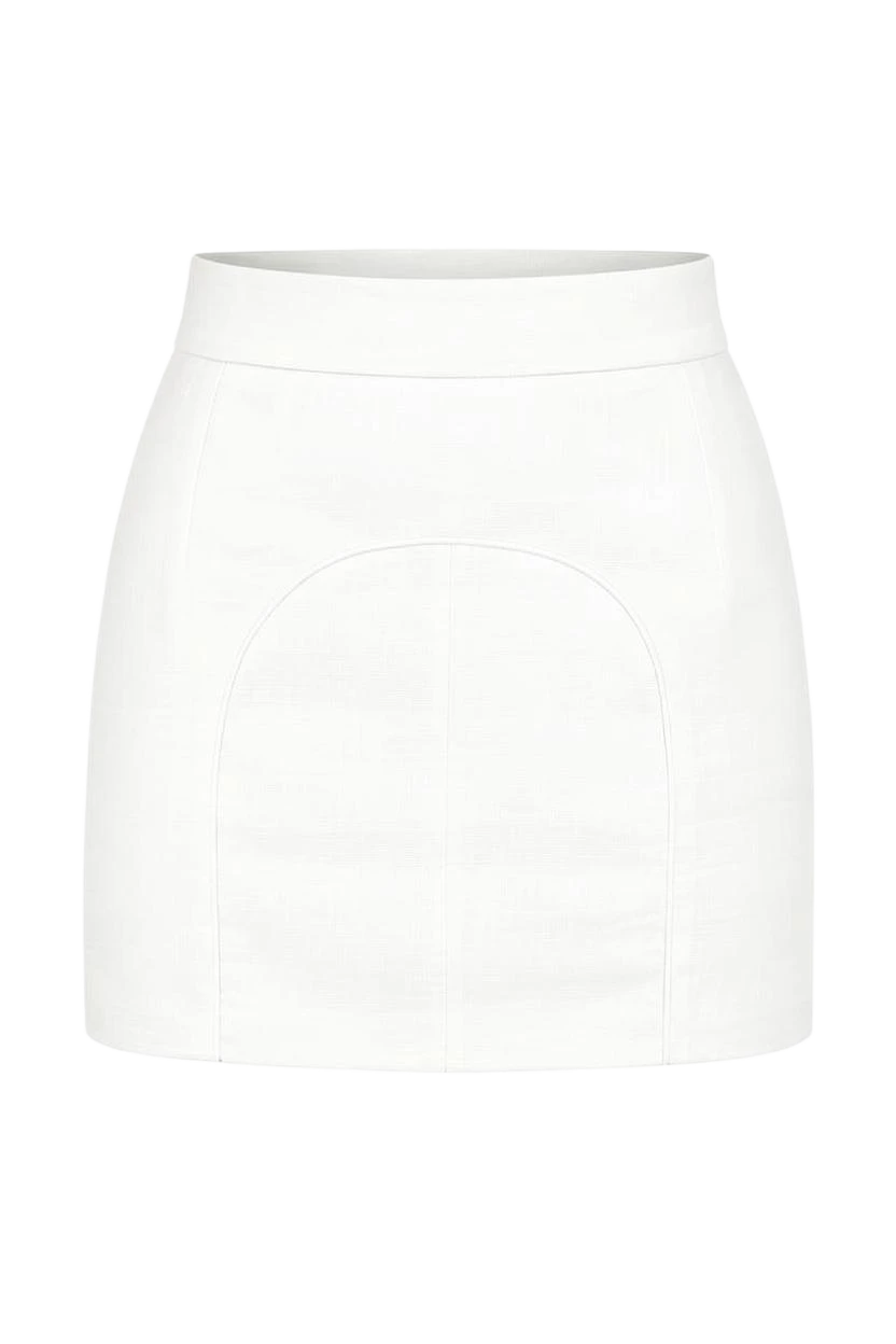 Mkeyzee London white linen mini skirt with a high waist and signature curved front seam detail.