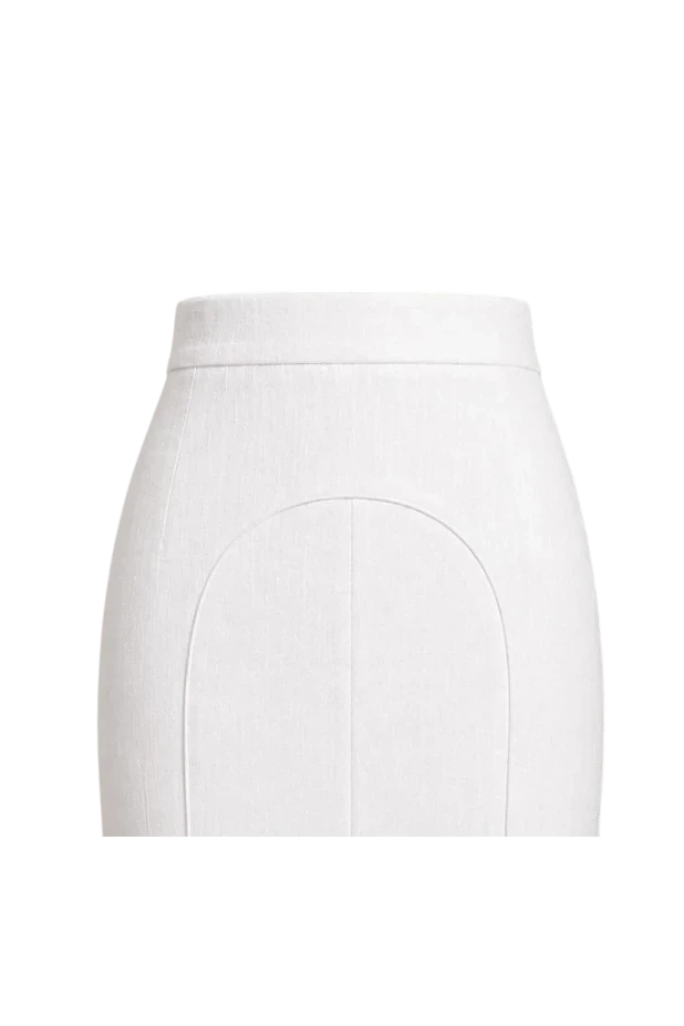 Mkeyzee London white high-waisted linen mini skirt with signature curved front seam detail