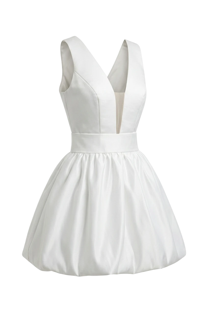 Mkeyzee London white Duchess satin mini dress with a deep V neckline, structured corset bodice, and bubble skirt.